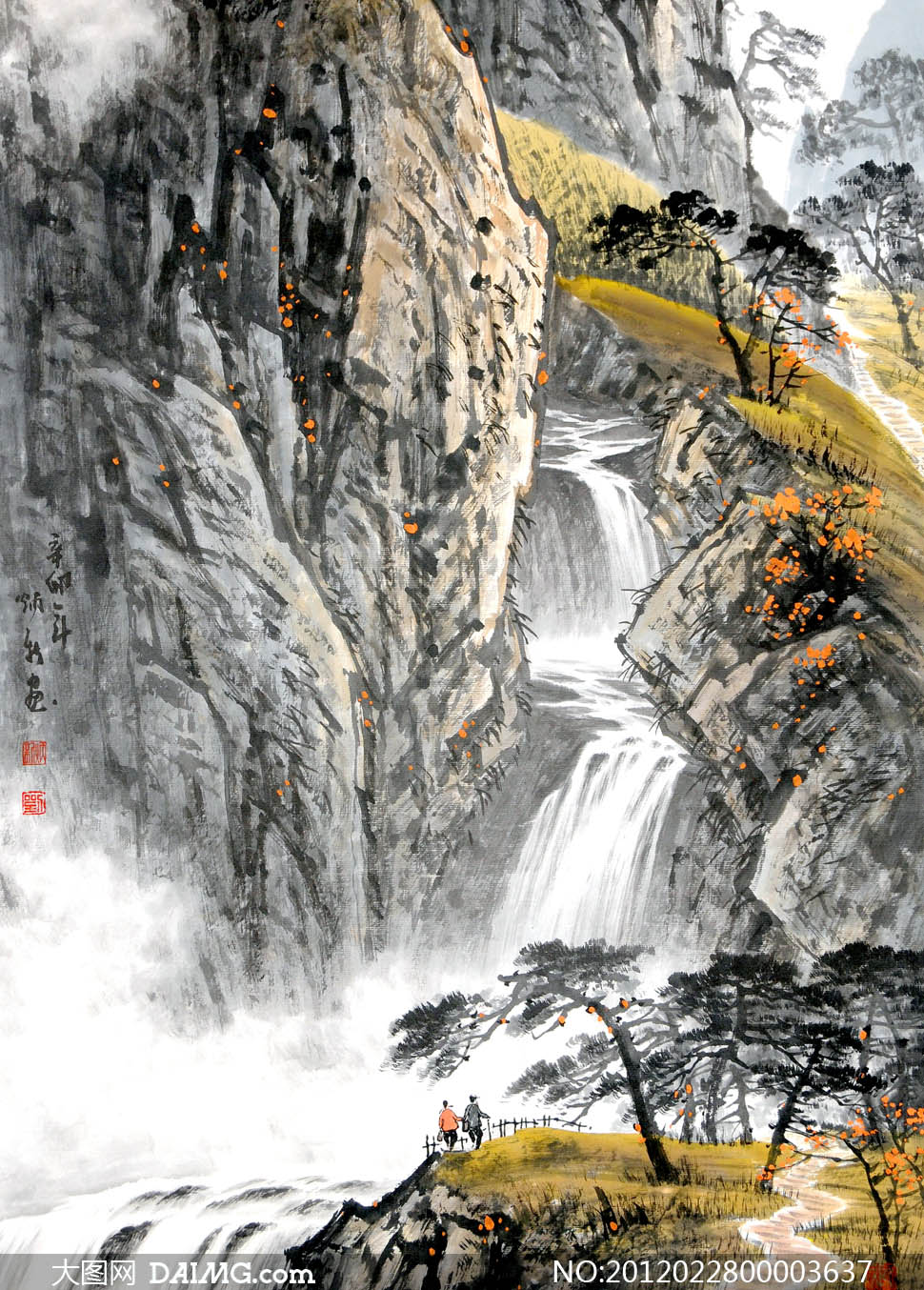 中国风山崖飞瀑水墨画图片素材