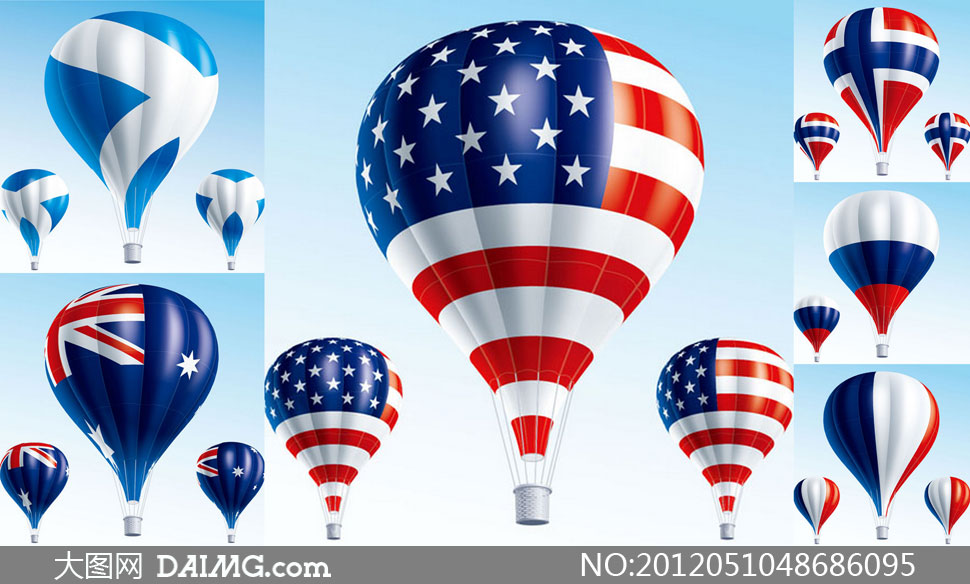 印有国旗图案的热气球矢量素材