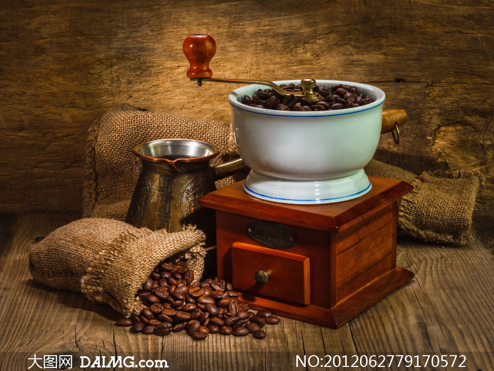 咖啡豆研磨机与麻袋摄影高清图片-+大图网设计