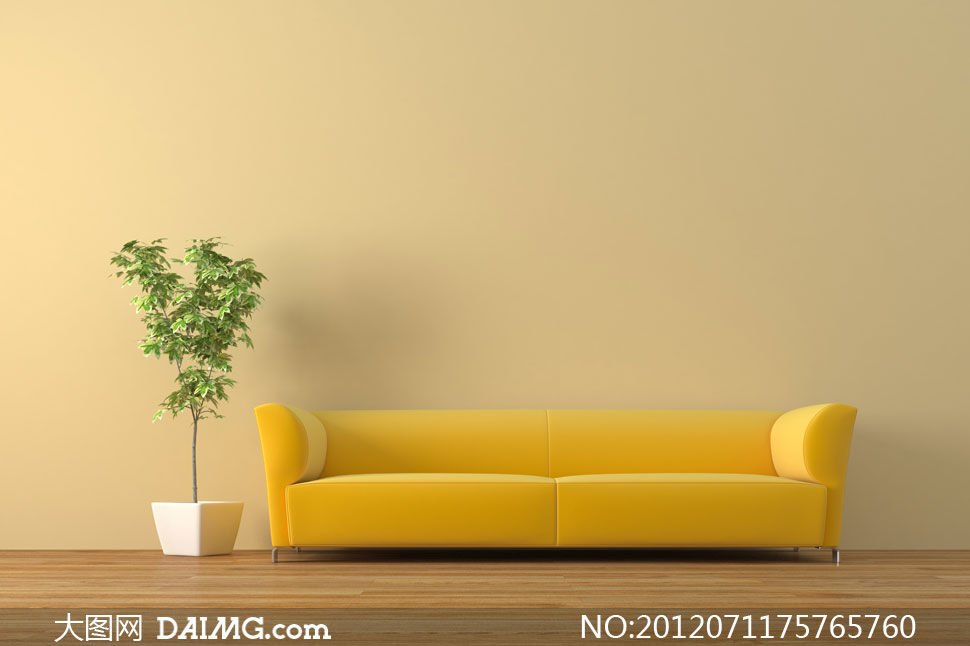 黄色沙发与室内盆栽摄影高清图片_大图网图片素材