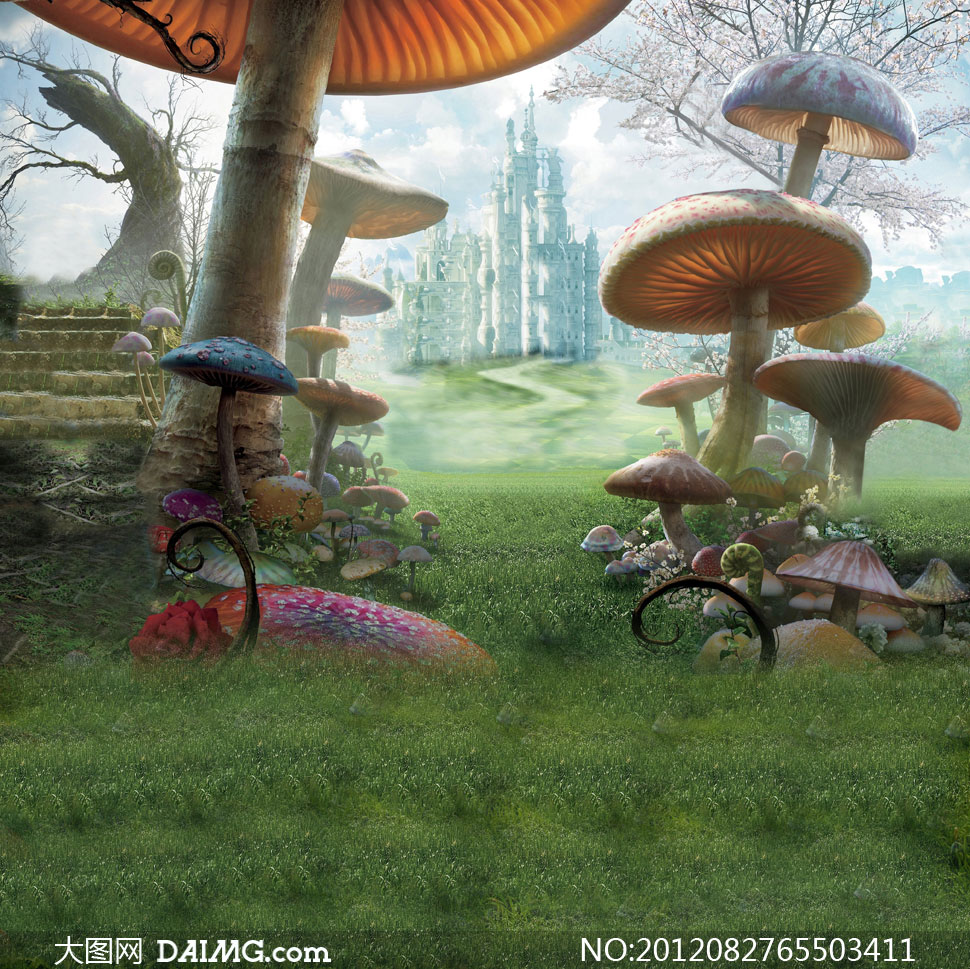 草地上的建筑物蘑菇影楼摄影背景图片