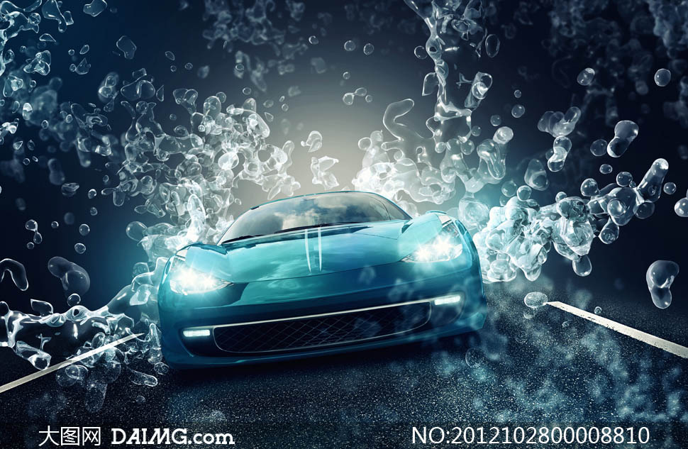 蓝色水花中奔驰的跑车摄影图片 - 大图网设计素