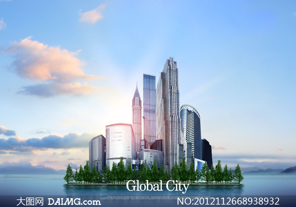 四周环水的城市建筑物psd分层素材