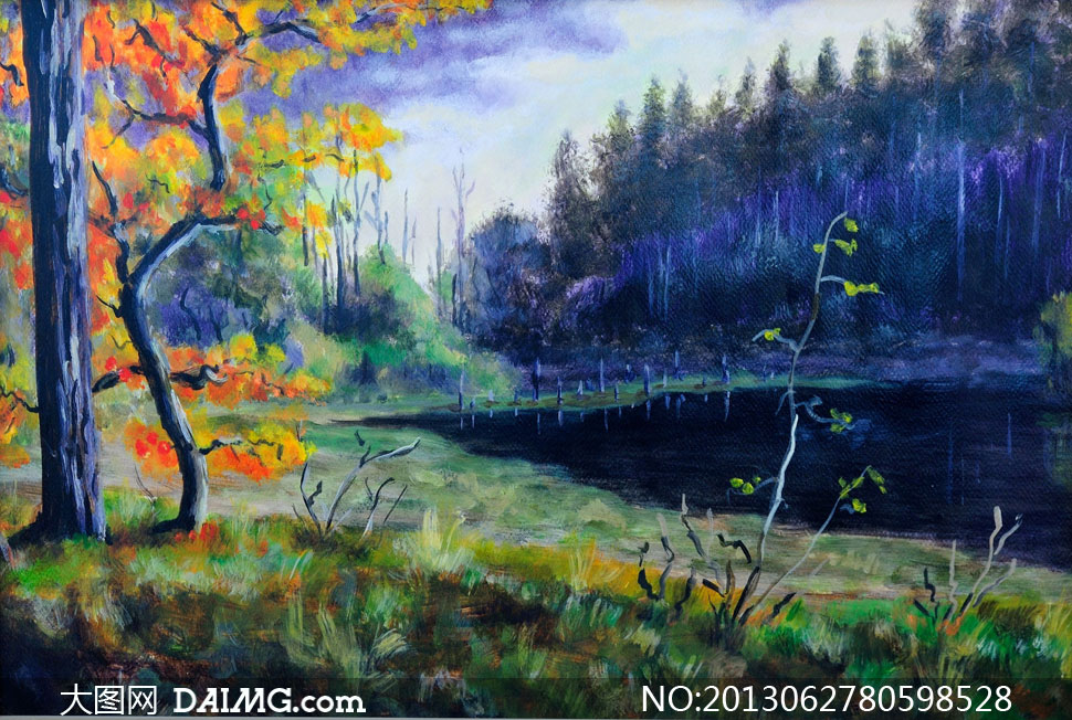 湖边树木风光油画美术作品高清图片_大图网图片素材