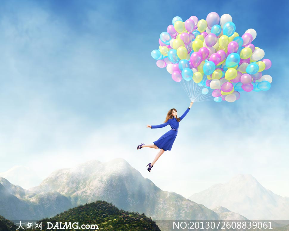 抓五彩气球飞行呼美女创意摄影图片 - 大图网设