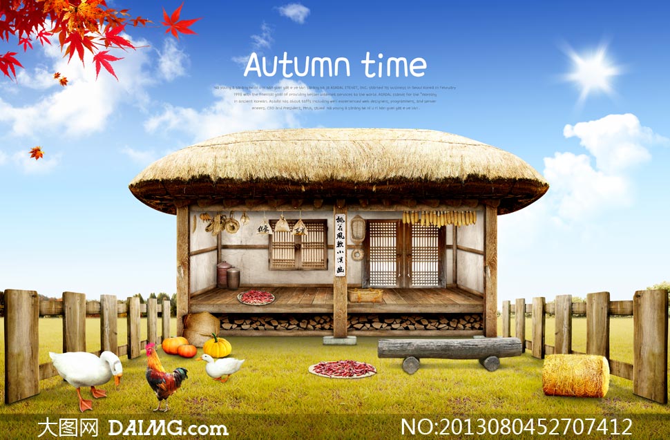 农家茅草屋与鸡鸭家禽PSD分层素材-+大图网设
