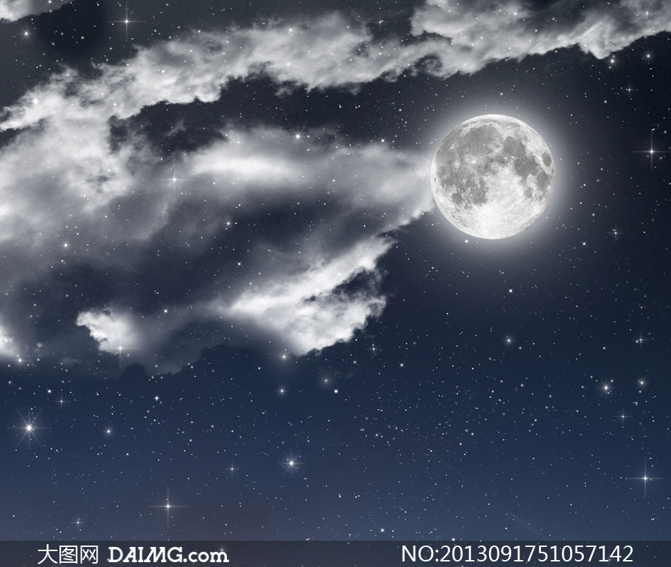 夜空中的繁星月亮云彩摄影高清图片