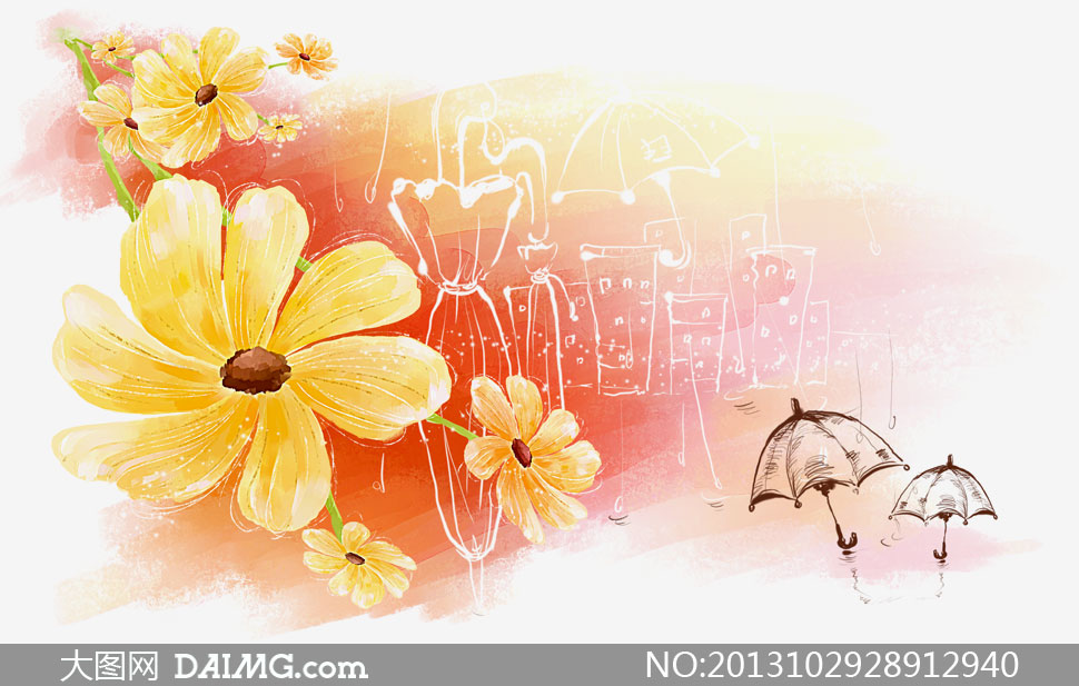 花枝雨伞手绘水彩绘画PSD分层素材 - 大图网设
