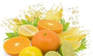 绿叶与橙子柠檬等水果切块高清图片