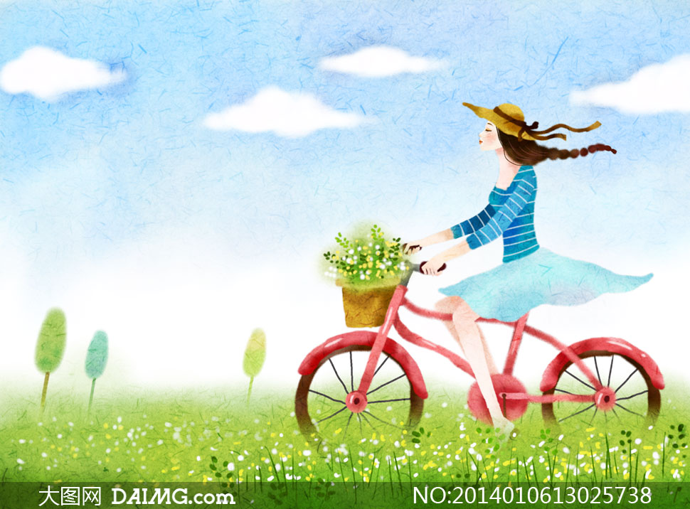 春天骑单车的美女插画psd分层素材