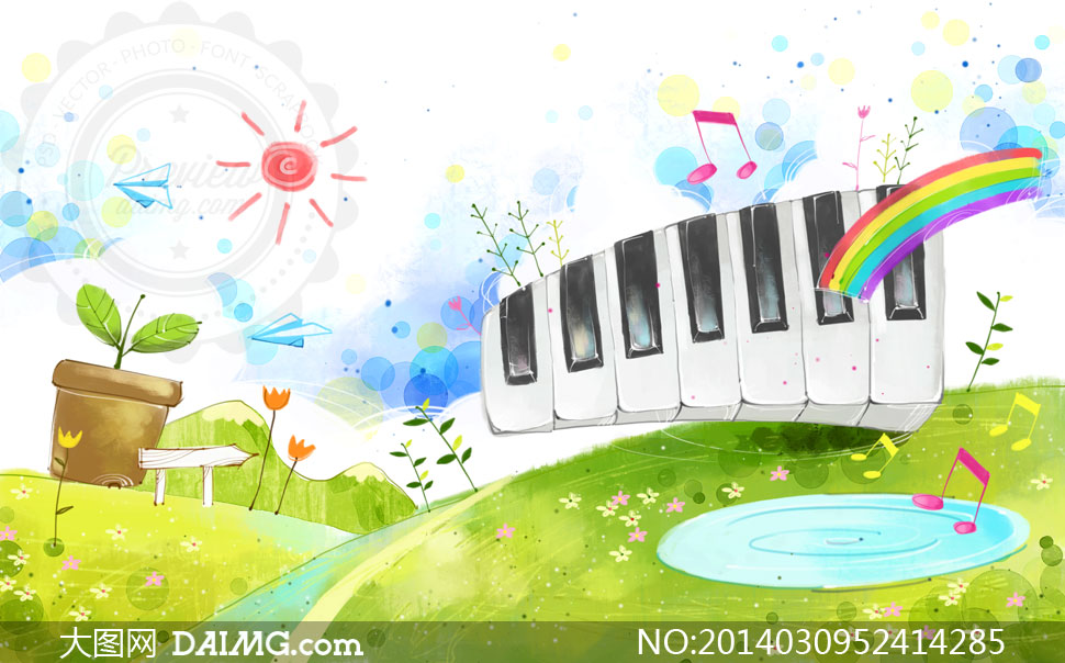 钢琴键与彩虹花盆插画PSD分层素材 - 大图网设