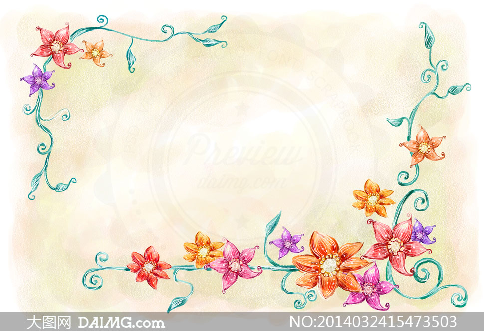 彩绘花朵植物背景边框PSD分层素材 - 大图网设