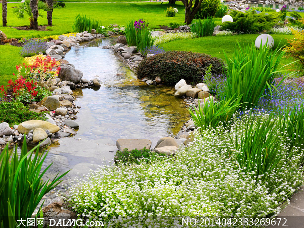 花园里的小溪流与花草摄影高清图片