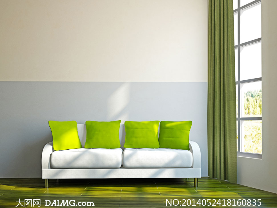 白色沙发上的绿色抱枕摄影高清图片