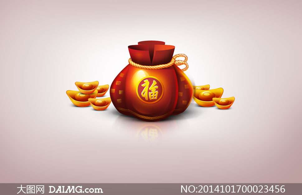 立体质感的金元宝和钱袋psd源文件