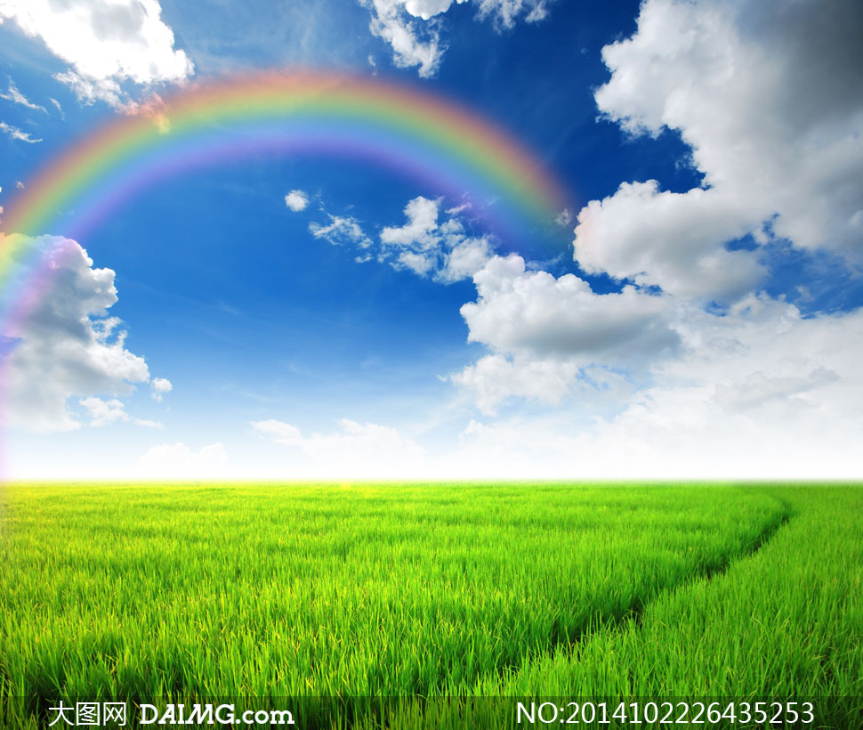 农田与天上的彩虹云彩摄影高清图片