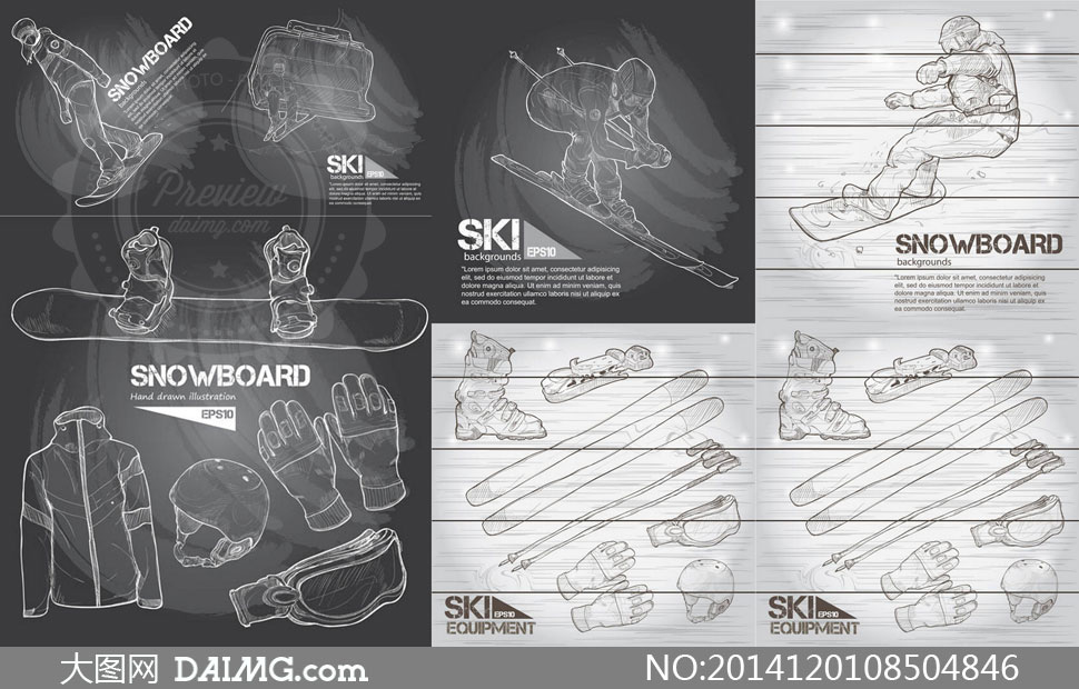 素描滑雪人物与滑雪装备等矢量素材