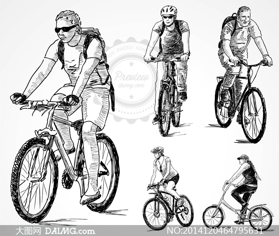 骑着单车的手绘素描画设计矢量素材 - 大图网设