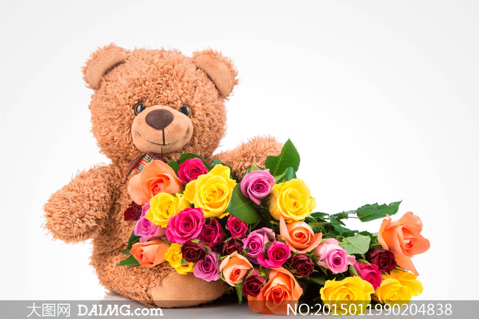 泰迪熊玩具与玫瑰花朵摄影高清图片 - 大图网设