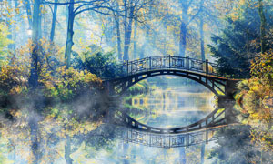 小桥与河水两岸的树木摄影高清图片
