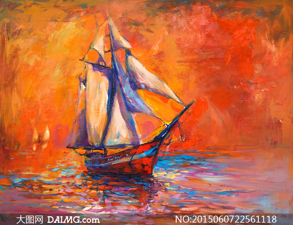 水面上航行的帆船油画艺术高清图片