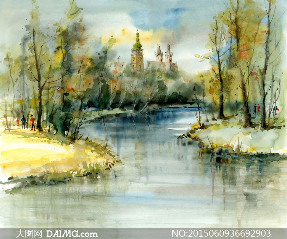 河水两岸的树木风景画创意高清图片