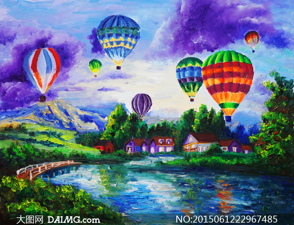 湖水与空中的热气球等油画高清图片