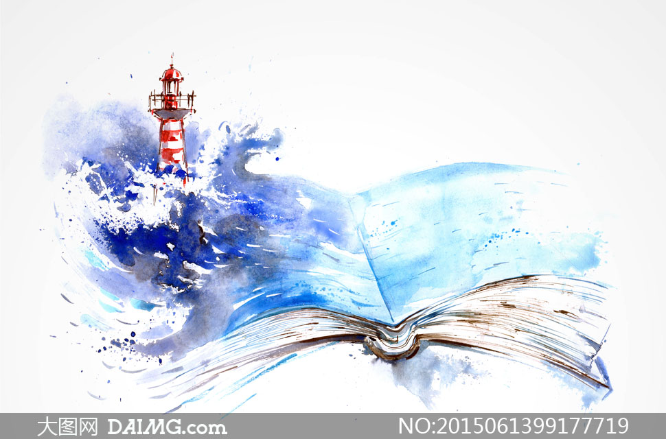 灯塔与打开的书创意水彩画高清图片 - 大图网设