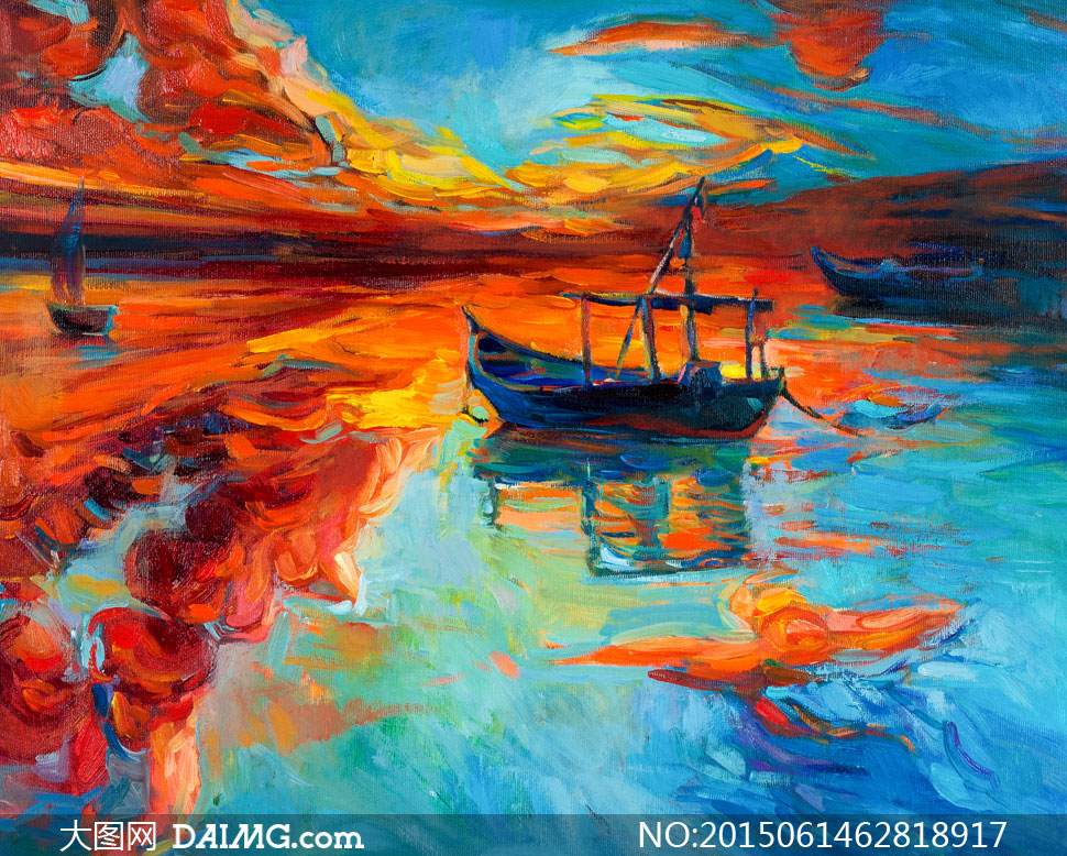 天空云彩与水面上的船油画高清图片 - 大图网设