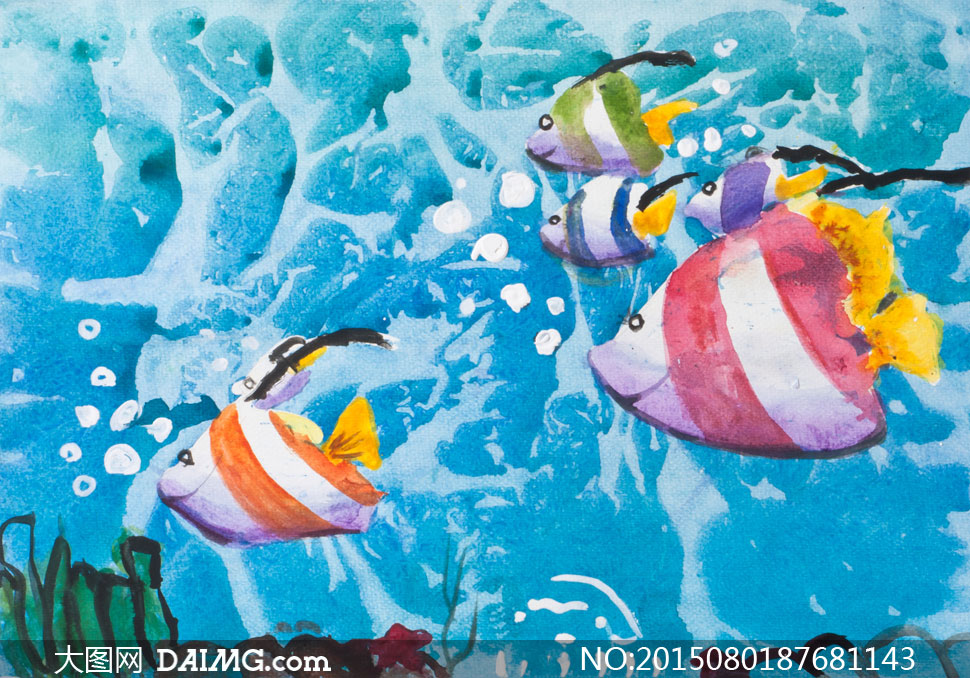 在海水里游动的鱼绘画主题高清图片