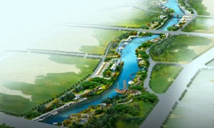 河道两岸绿化景观效果图PSD素材