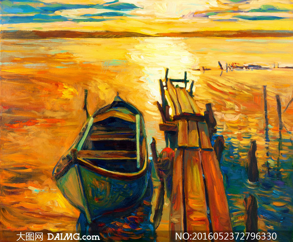 海边紧靠着浮桥的小船油画高清图片