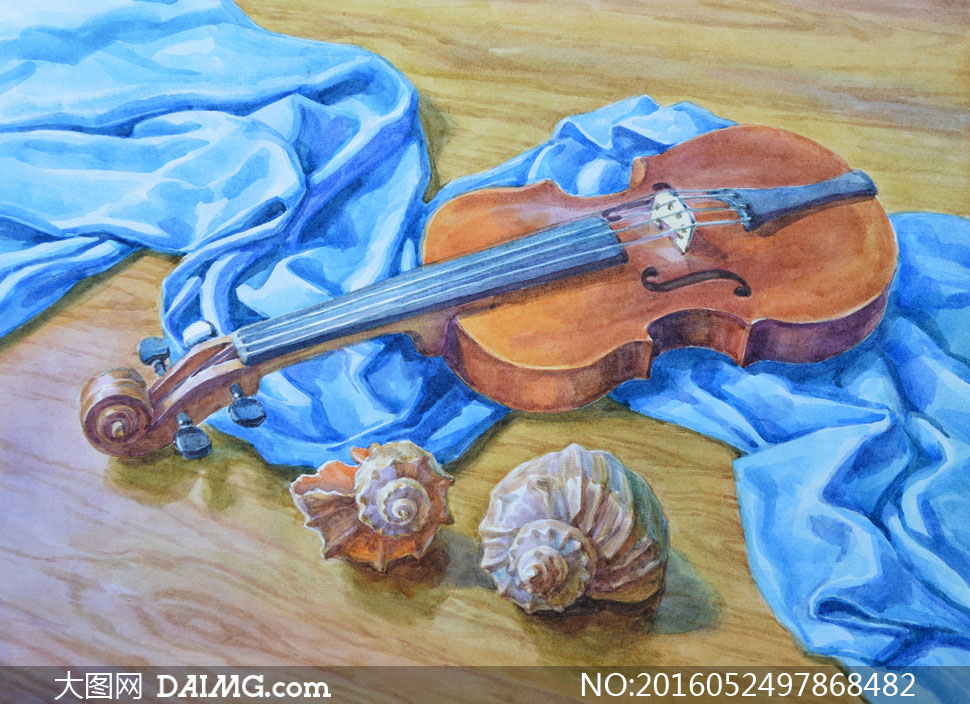 贝壳与蓝布上的小提琴绘画高清图片