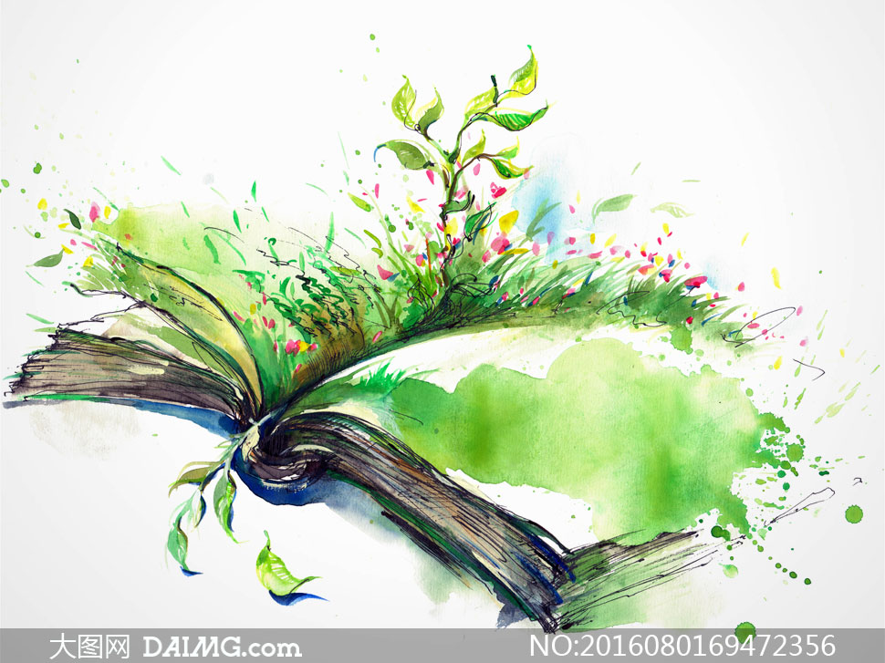 长出花草的书本水彩画创意高清图片 - 大图网设计素材图片