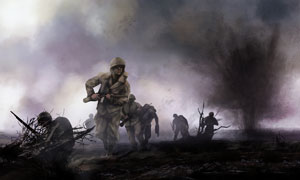 惨烈硝烟战场上的勇敢士兵绘画图片