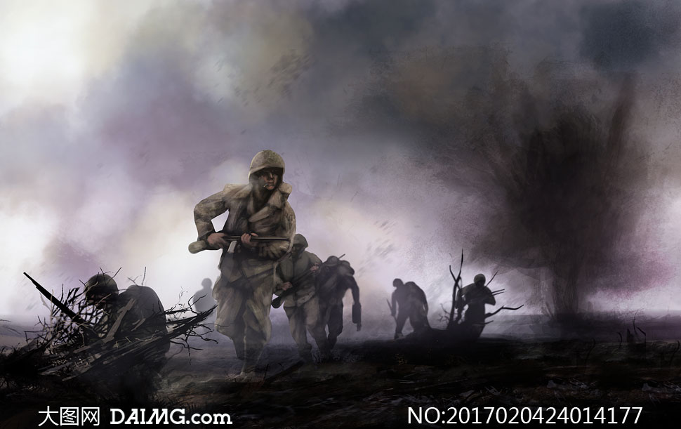 惨烈硝烟战场上的勇敢士兵绘画图片 - 大图网设