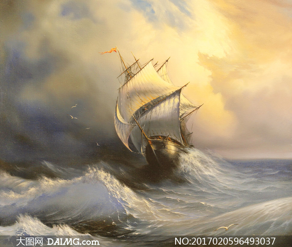 海面上乘风破浪的帆船绘画高清图片