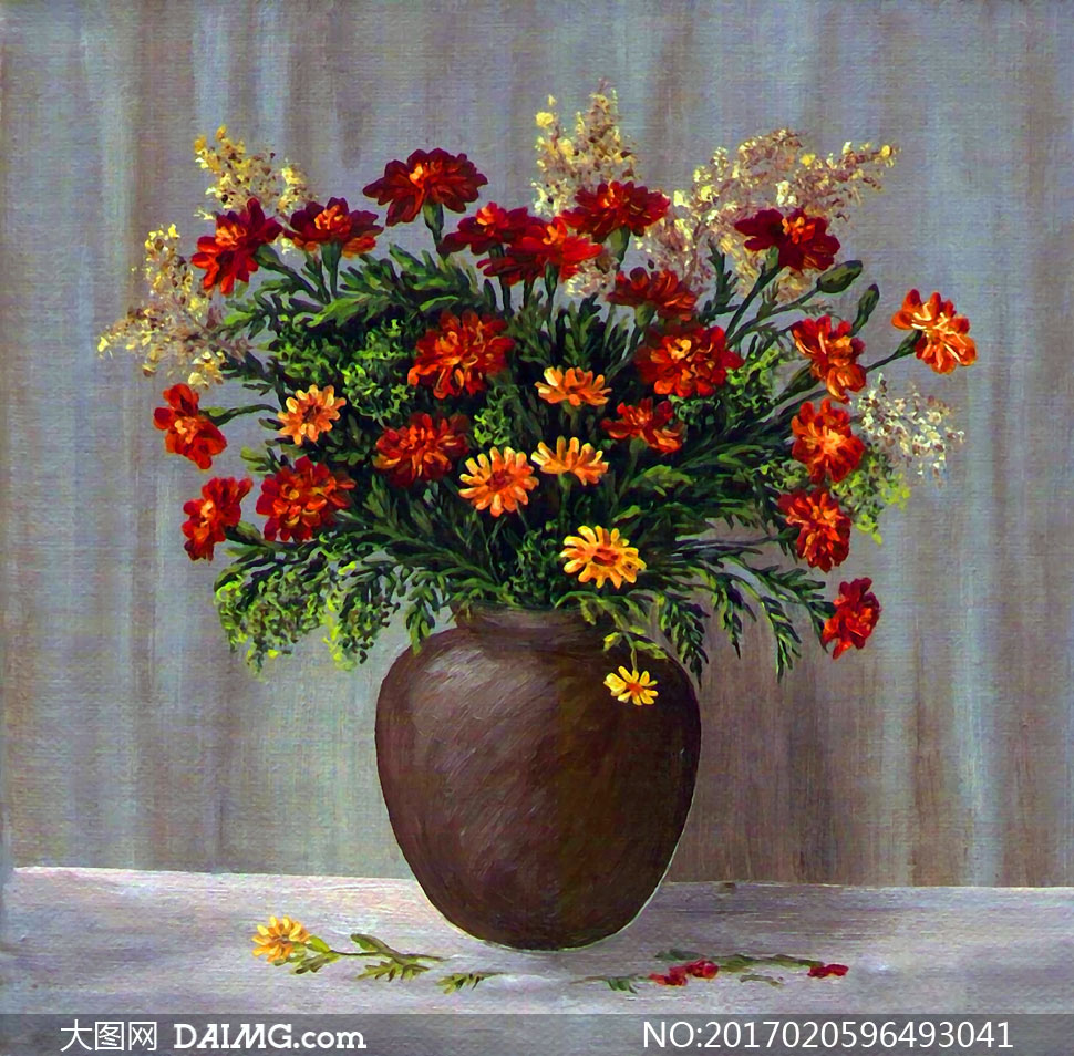 花瓶里的红色花等油画创意高清图片 大图网图片素材