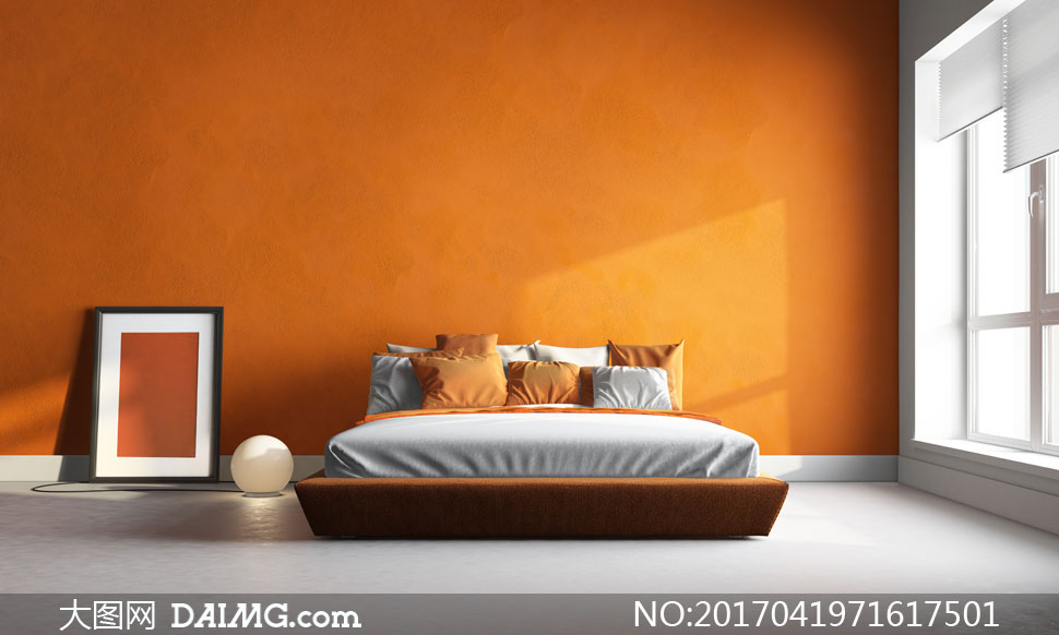 效果图装潢房间卧室卧房橙色墙壁墙面枕头抱枕靠枕画框空白装饰画灯具