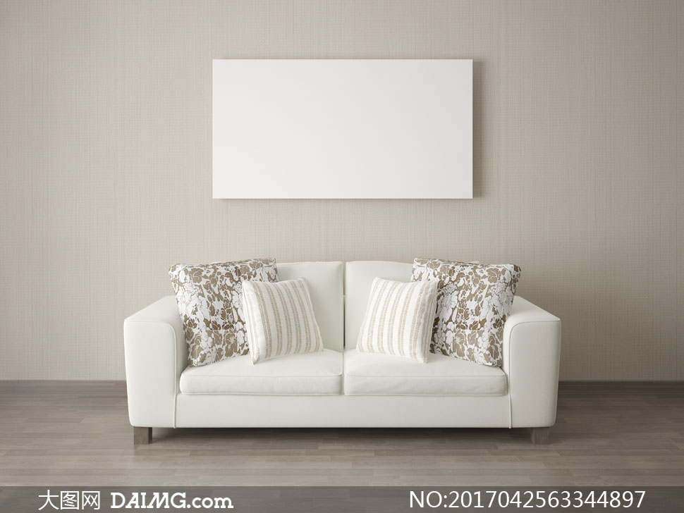 装修效果图装潢房间客厅沙发木地板无框画空白白色装饰画枕头抱枕靠枕