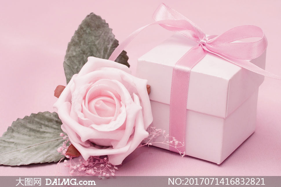 玫瑰花与精美包装的礼物盒高清图片