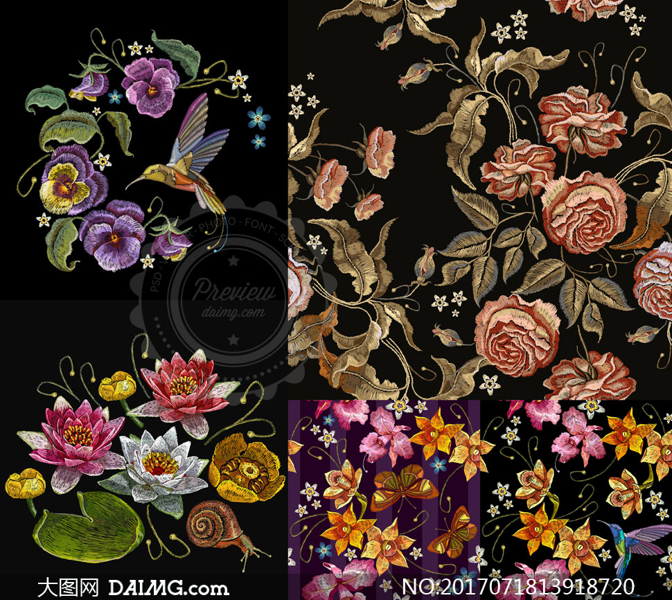 针织刺绣效果花鸟装饰图案矢量素材 - 大图网设计素材下载