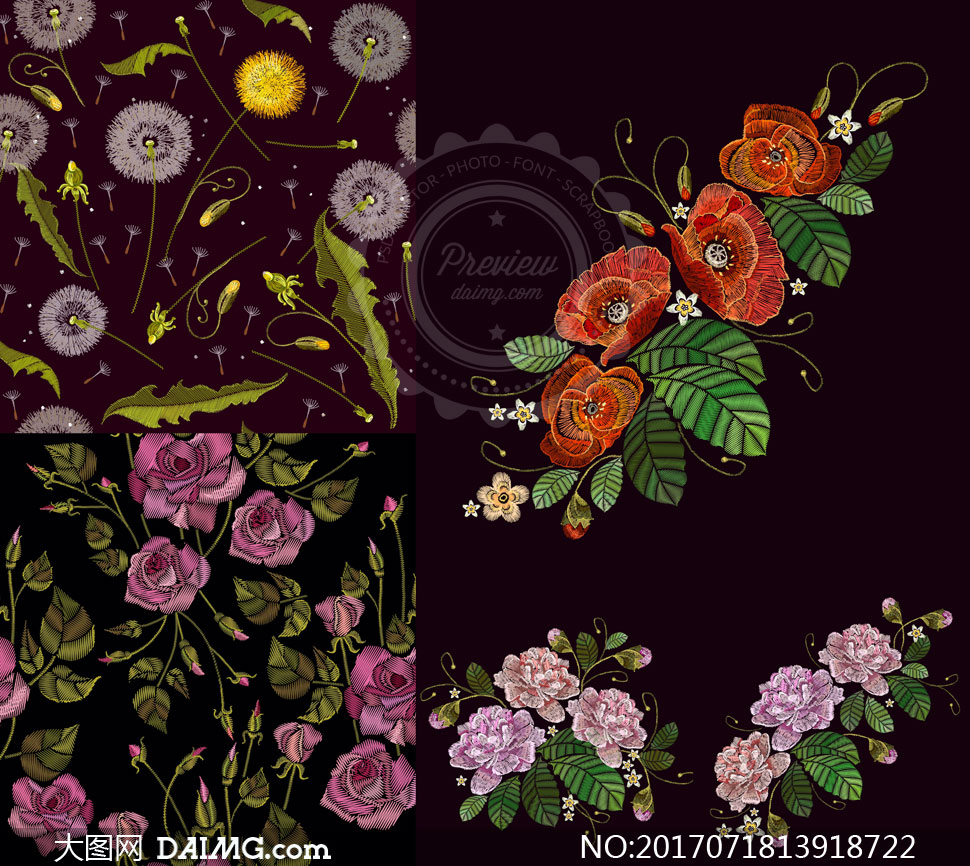 蒲公英等刺绣花卉植物图案矢量素材