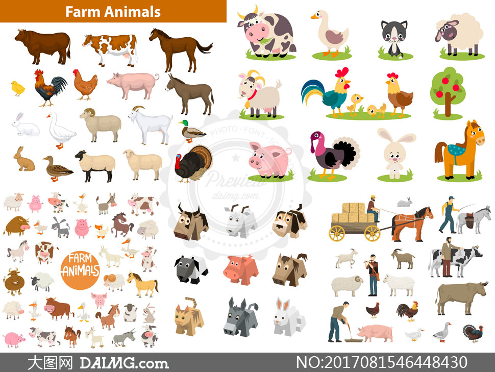 马匹奶牛与家猪等农场动物矢量素材 - 大图网设计素材下载