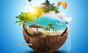 创意椰子中的夏季海边美景PS教程素材