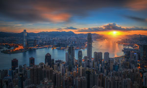 夕阳下的香港城市风光摄影高清图片