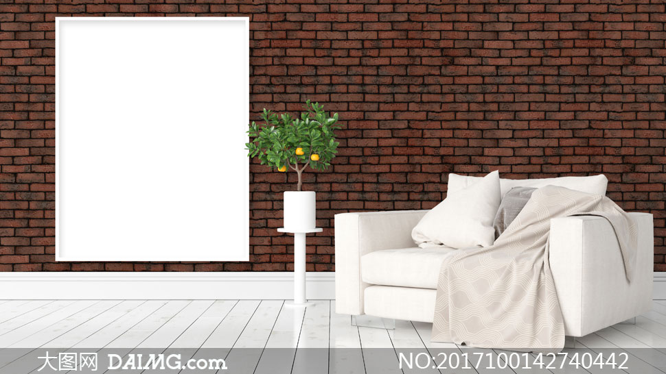 沙发植物与仿砖效果的墙壁高清图片_大图网图片素材