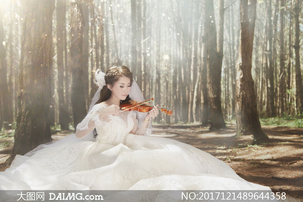 树林中拉小提琴的新娘摄影高清图片图片