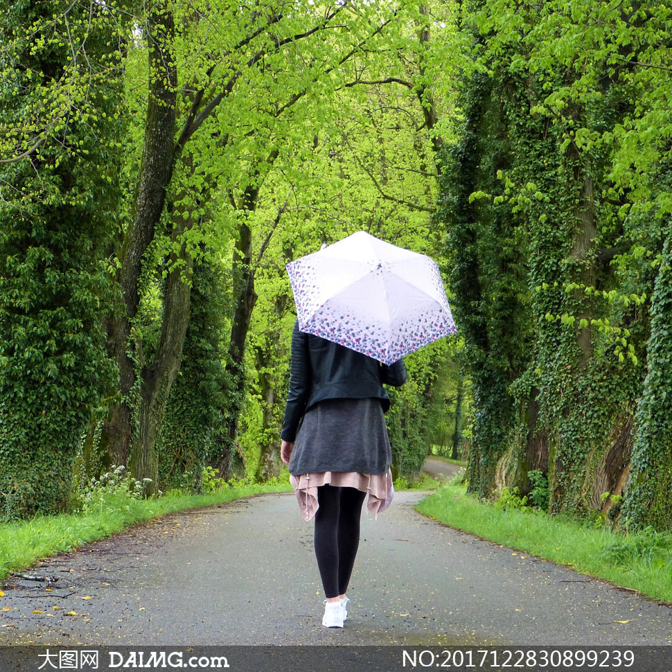 公园路上撑着伞的美女背影高清图片