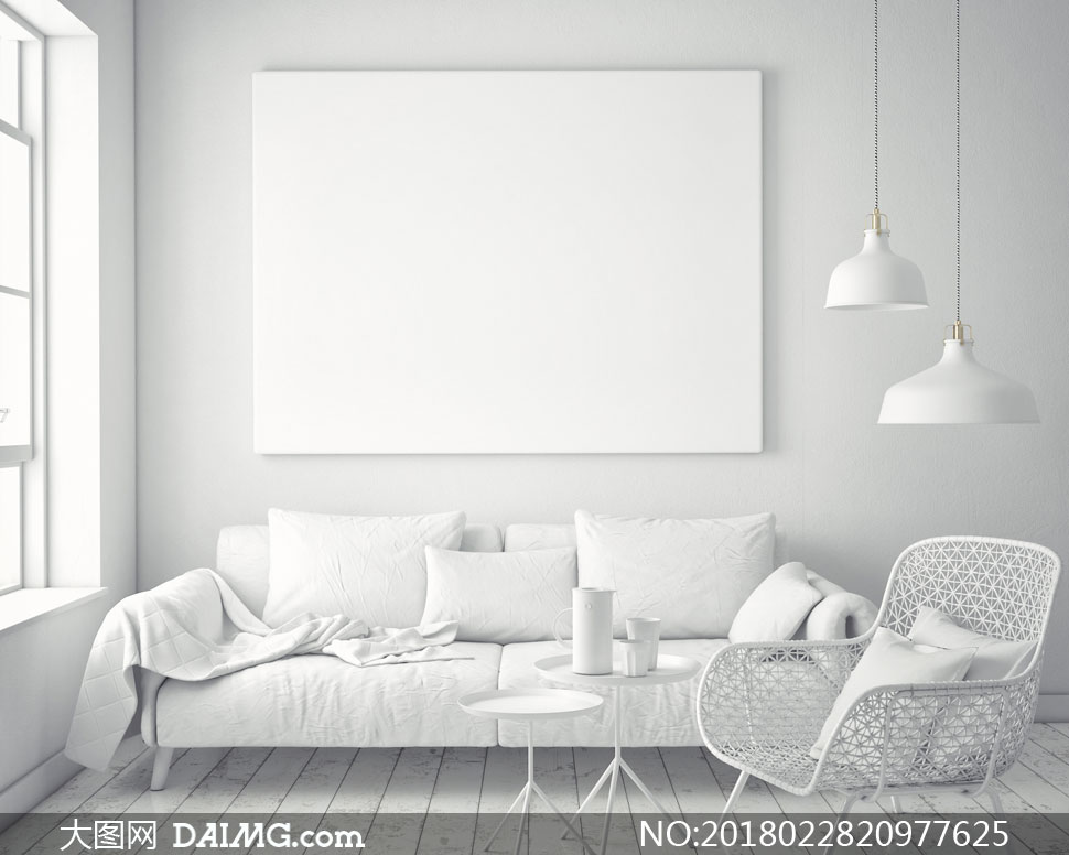 椅子沙发吊灯与空白无框画高清图片